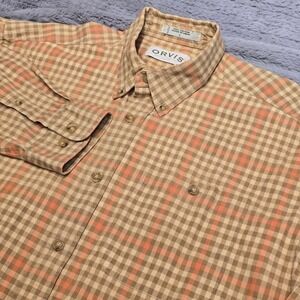 Orvis‎ Mens Large Button Down Shirt Tan Orange Plaid Cotton Long Sleeve RN70534